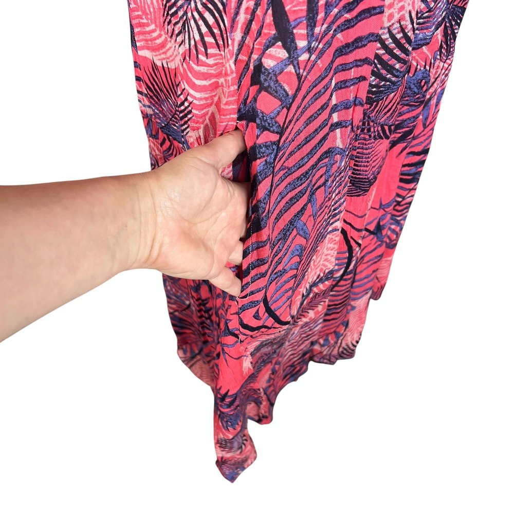 Easy Essentials Pink Purple Tropical Palm Print Rayon Button Front Midi Dress L - Picture 4 of 11